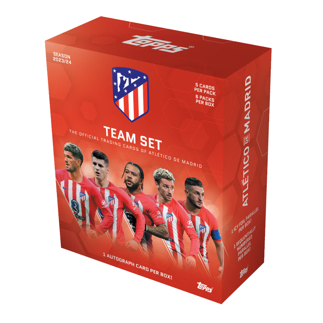 Caja oficial del set de cartas Topps Atlético de Madrid 2023/24, con diseño rojo, logo del club y jugadores estrella como Griezmann y Morata.