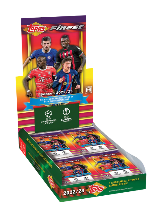 Caja oficial Topps Finest UEFA 2022/23 con sobres de cartas coleccionables de Champions y Europa League