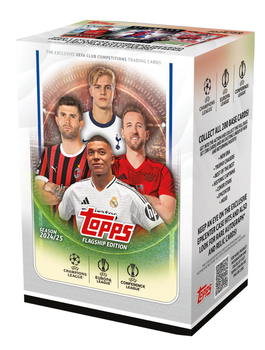 Caja de tarjetas coleccionables Topps UEFA 2024/25 Flagship Edition con jugadores de Real Madrid, Bayern Múnich, Milan, Tottenham y competiciones Champions, Europa y Conference League
