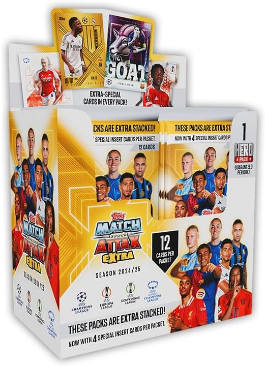 Caja display Match Attax Extra 2024/25 con 24 sobres, jugadores de la Champions League y cartas especiales en cada paquete.
