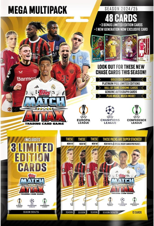 Mega Multipack Match Attax 2024/25 con 48 cartas, 3 ediciones limitadas y jugadores de equipos europeos como Real Madrid, PSG y Bayern.