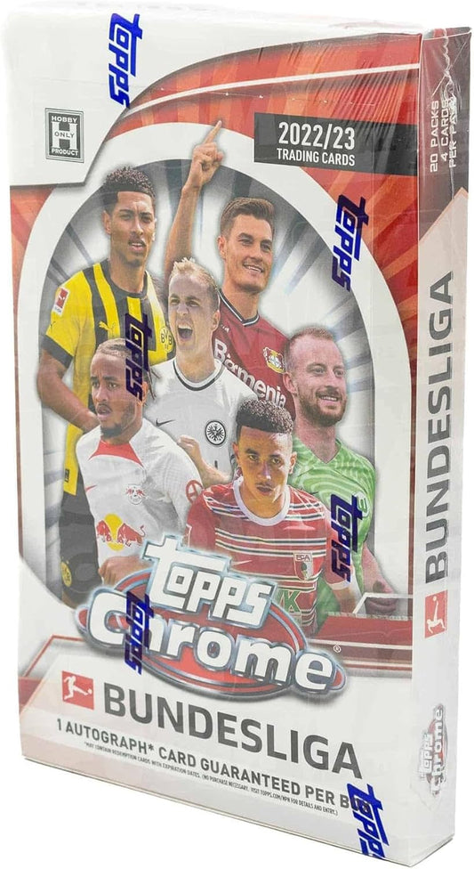 Caja sellada de cartas coleccionables Topps Chrome Bundesliga 2022/23 con 20 sobres y 1 carta autografiada garantizada