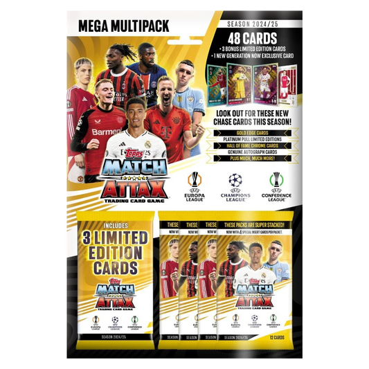 Mega Multipack Match Attax 2024/25 con 48 cartas, 3 ediciones limitadas y jugadores de equipos europeos como Real Madrid, PSG y Bayern.