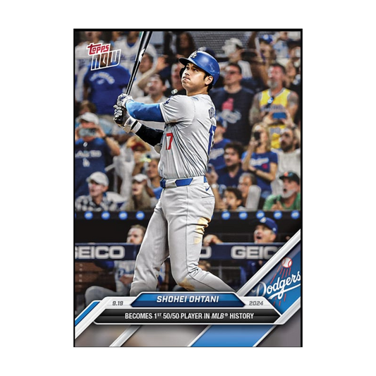Carta Topps NOW 2024 de Shohei Ohtani con uniforme de los Dodgers celebrando su hazaña 50/50 en MLB
