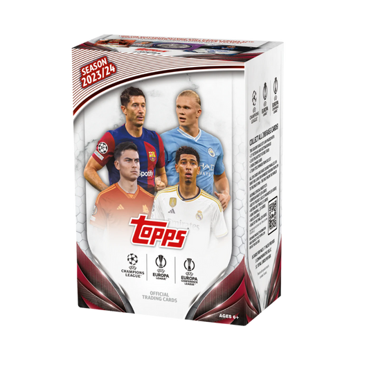 Caja de tarjetas Topps UEFA 2023/24 – Champions, Europa y Conference League con Haaland y Lewandowski
