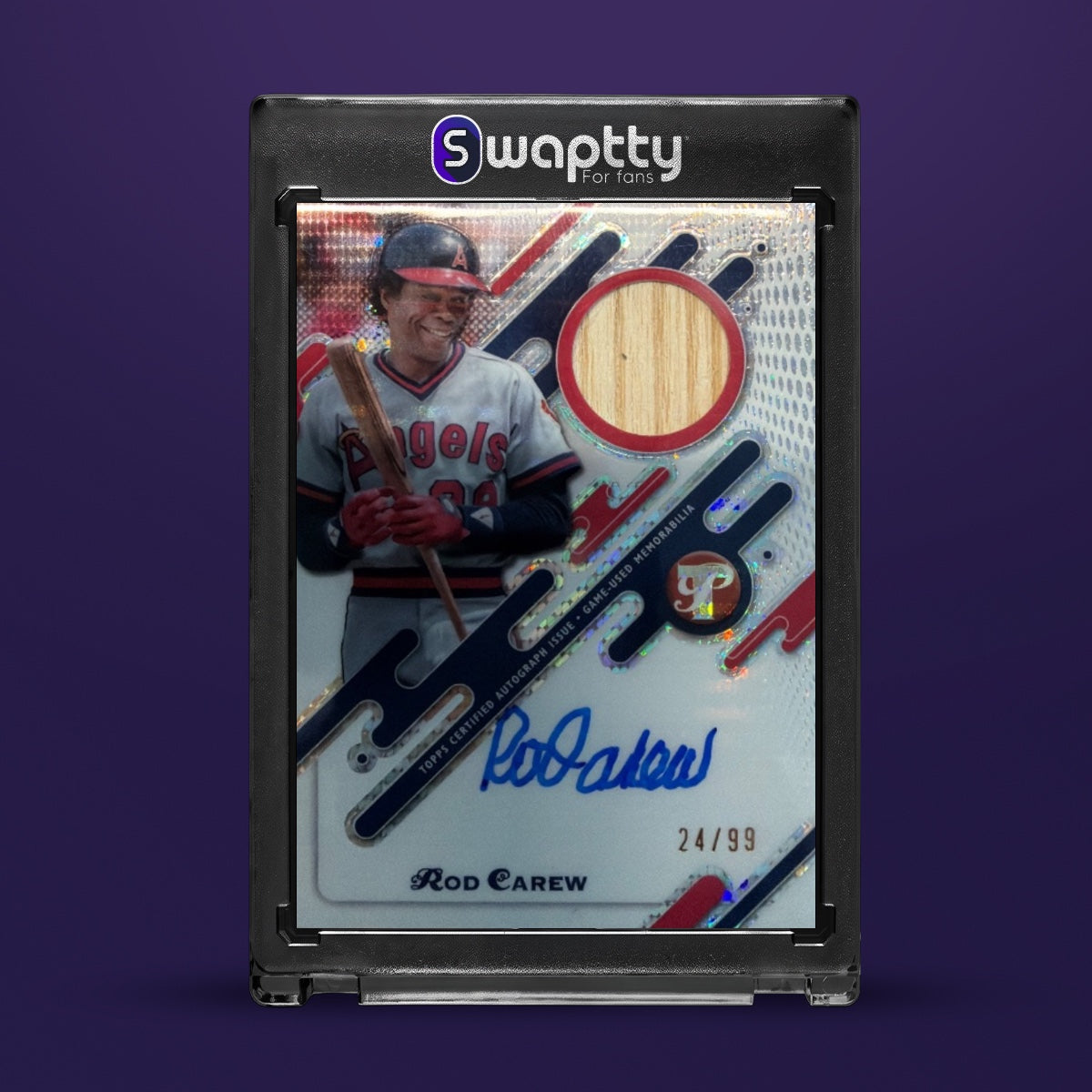 Rod Carew 2025 Topps Pristine Pulsar Refractor /99 Auto Game Used Bat — frente