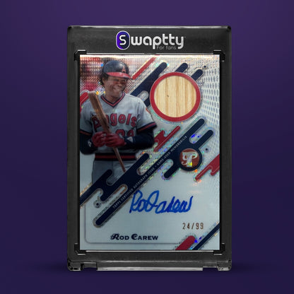 Rod Carew 2025 Topps Pristine Pulsar Refractor /99 Auto Game Used Bat — frente