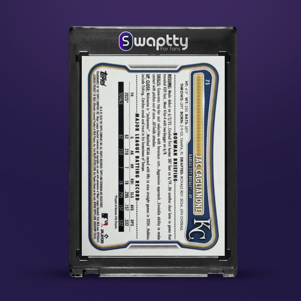 Jac Caglianone 2026 Bowman Chrome Base #75 (RC) Swaptty Slab — reverso